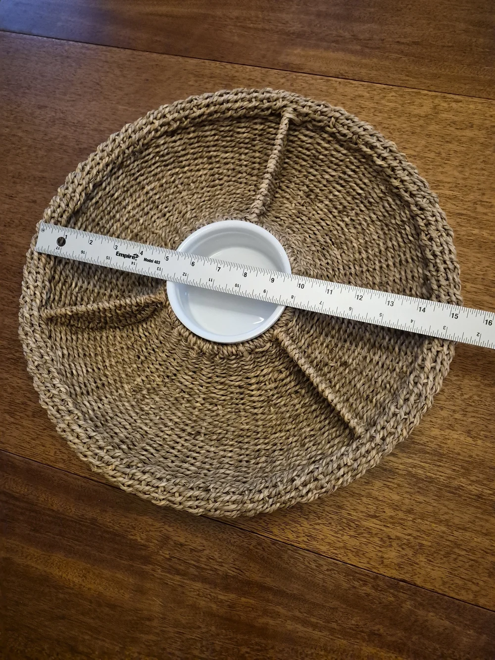Pottery Barn Natural Woven Seagrass Divided Serving Tray with White Center Bowl